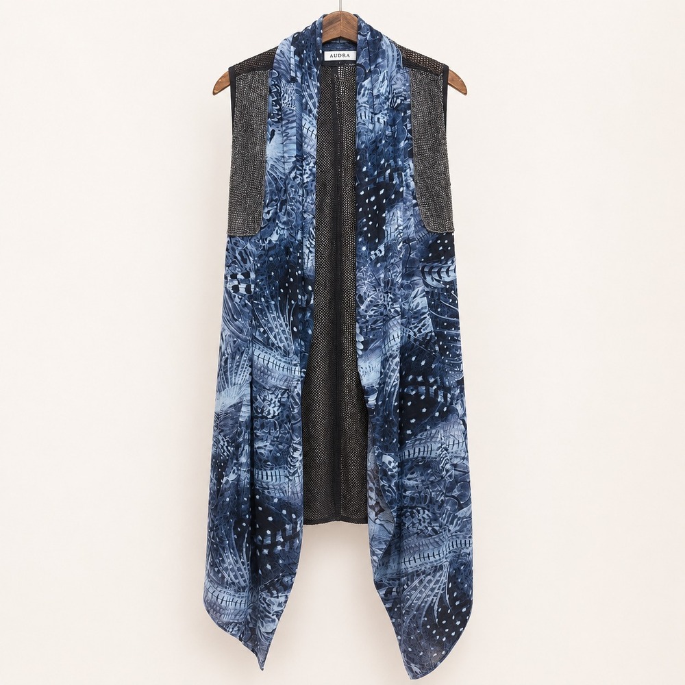 Anthropologie Adore Cardigan Vest XL Blue Print Mesh Duster Sequin Fairy Grunge‎